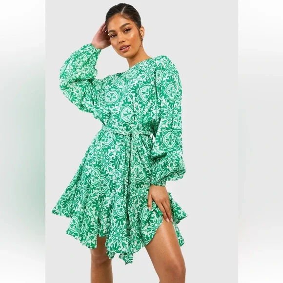 Boohoo | Dresses | Boohoo Cotton Printed Godet Detail Belted Skater Dress  Size 8 | Poshmark